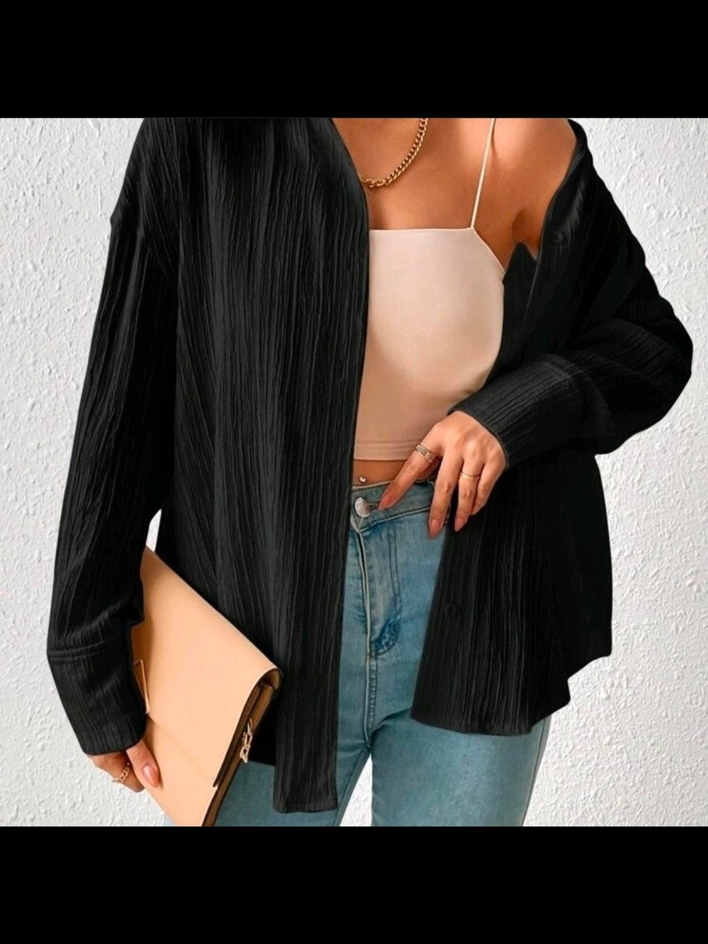 SHEIN Black Ribbed Button-Front Sweater Shirt